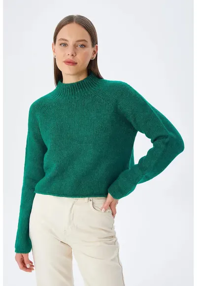 Pulover scurt - tricotat texturat - verde - acrilic-poliester