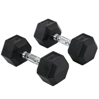 HOMCOM Set de 2 Gantere Hexagonale de 10 kg În Metal Și Cauciuc Negru