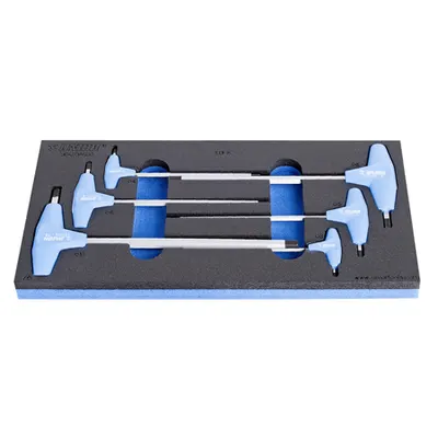 Set de surubelnite cu profil hexagonal si cap sferic cu maner in T in cutie de plastic