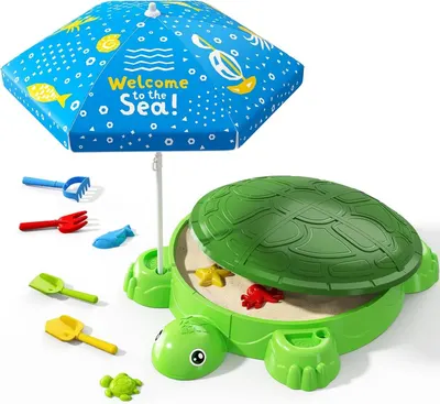 Set nisipar si umbrela copii Matadi Green Turtle cu piese modulare,jucarii pentru plaja incluse,diametru umbrela 100 cm