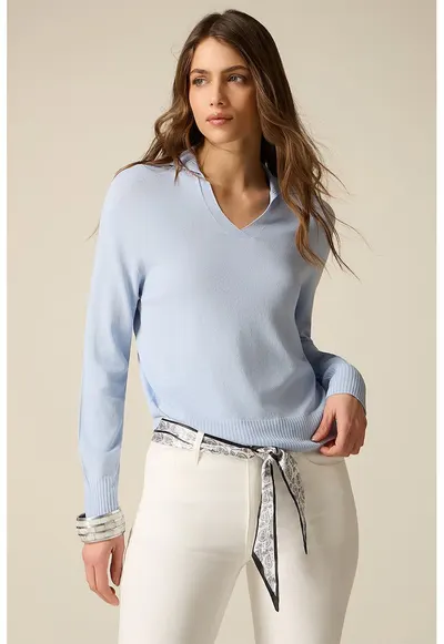 Pulover tricotat fin cu guler polo - Albastru glaciar