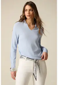 Pulover tricotat fin cu guler polo - Albastru glaciar