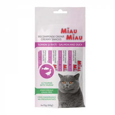 Recompense pentru pisici Miau Miau Creamy Snacks cu somon rata 4 buc x 15 gr