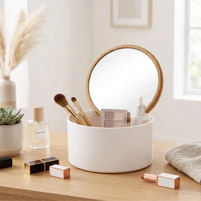 Oglindă de machiaj cu organizator cosmetic rotund, 13x13x7 cm, Eleganza