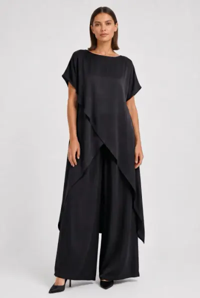 Compleu dama elegant din vascoza cu tunica asimetrica si pantaloni palazzo, negru