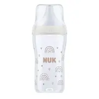 Biberon polipropilena cu tetina silicon si control de temperatura Nuk PM 260 ml 3 luni + M Rainbow