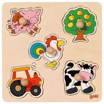 Puzzle din lemn Goki - În sat, cu mânere, 5 piese