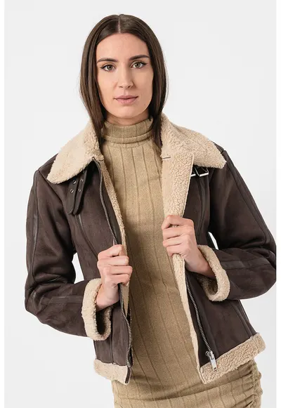 Jacheta cu captuseala de blana shearling sintetica Merlin - Maro inchis
