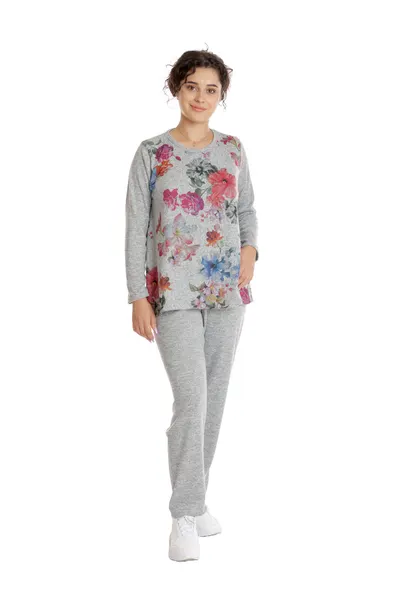 Tinuta dama CT24086 gri melanj/floral multicolor, Cesy | marimea M