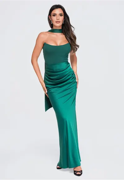 Rochie maxi eleganta cu guler tip corset si detalii drapate LA-OM-DLR415 - Verde