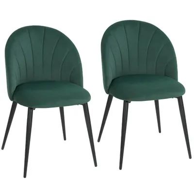 HOMCOM Set de 2 Scaune de Sufragerie din Catifea, Scaune Bucătărie cu Spătar Curbat în Formă de Scoică, Picioare din Metal, Stil Nordic, Scaun Tapițat pentru Bucătărie, Dormitor, Cameră de Zi, Verde Închis | Aosom Romania