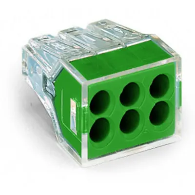 PUSH WIRE® connector for junction boxes; for solid and stranded conductors; max. 2.5 mm²; 6-conductor; transparent housing; green cover; Surrounding air temperature: max 60°C; 2,50 mm²