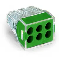 PUSH WIRE® connector for junction boxes; for solid and stranded conductors; max. 2.5 mm²; 6-conductor; transparent housing; green cover; Surrounding air temperature: max 60°C; 2,50 mm²