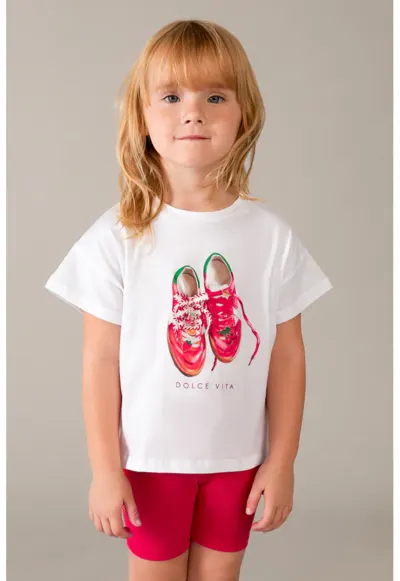 Set de tricou de bumbac si colanti scurti - Alb/Rosu vermillion