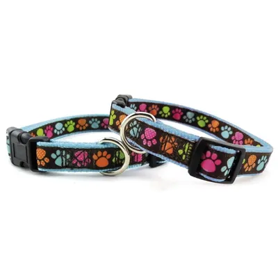 Zgarda textila, albastra, personalizata cu labute, 45-50 cm x 19 mm