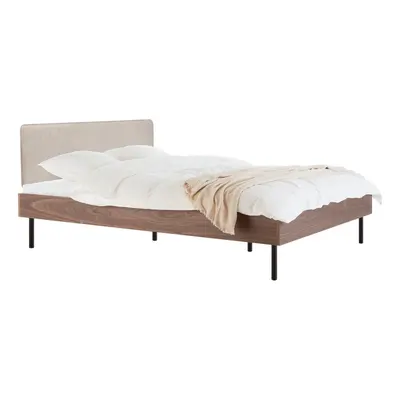 Pat matrimonial în culoare naturală închisă tapițat/din placă aglomerată de lemn cu aspect de lemn de nuc cu somieră 140x200 cm Streiko – noo.ma