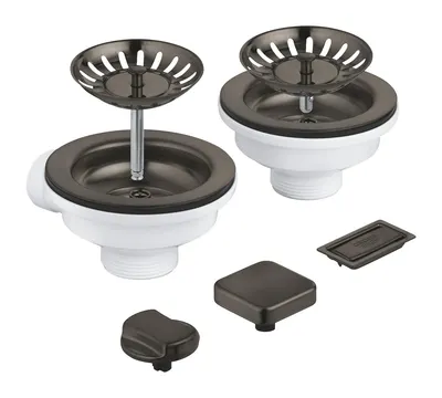Sifon chiuveta bucatarie Grohe, universal, preplin, pentru 2 cuve, ornament butoane, mat, grafit, 40998AL0