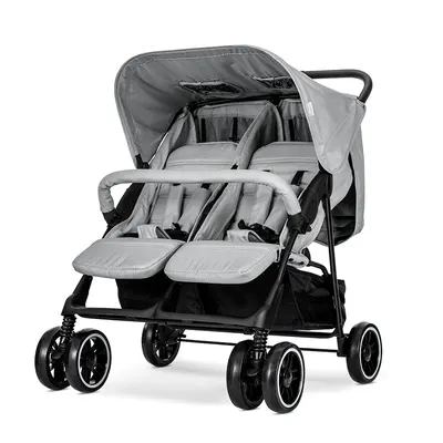 Carucior pentru gemeni Twin Grey reglabil individual, geanta pentru mama si huse pentru picioare