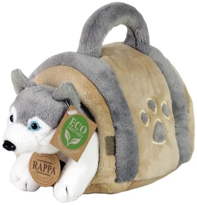 Jucărie de pluș Rappa Eco Friends - Husky cu căsuță, 13 cm