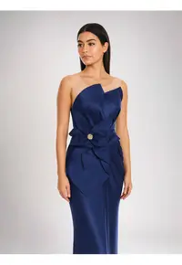 Rochie maxi - cu aspect satinat - culoare Bleumarin - material sintetic - de ocazie - Bleumarin
