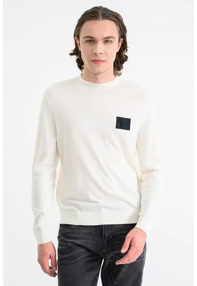 Pulover slim fit din amestec de lana cu aplicatie logo - Crem