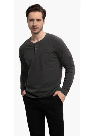 Tricou cu maneca lunga barbati L-Charl - cu decolteu cu nasturi - regular fit - grafit
