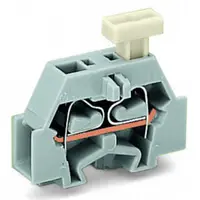 Space-saving, 2-conductor end terminal block; on one side with push-button; without protruding snap-in mounting foot; for terminal strips with snap-in mounting feet; 2.5 mm²; CAGE CLAMP®; 2,50 mm²; gray