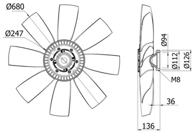 Cupla ventilator radiator (cu ventilator, 680mm, numar lame: 8) potrivit VOLVO FH12, FM10, FM12, FM7 D10A320-D7C290 08.93