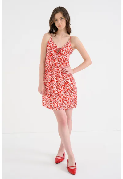 Rochie cu decolteu in V si model - Alb optic/Rosu vermillion