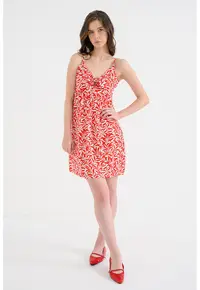 Rochie cu decolteu in V si model - Alb optic/Rosu vermillion