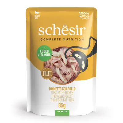 SCHESIR Complementary In Jelly, Ton și Pui, plic hrană umedă pisici, (în aspic), 85g