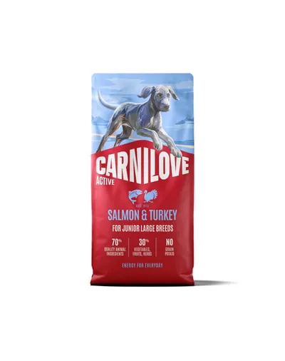 Hrană uscată 12 kg pentru câini juniori în creștere de rase mari CARNILOVE Active Dog Salmon & Turkey Junior Large Breeds somon și curcan