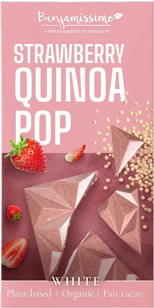 Ciocolată albă organică cu căpșuni, quinoa și culturi vii, 60 g, Benjamissimo