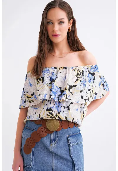 Tricou dama - imprimeu floral - umeri goi - albastru-bej - textil