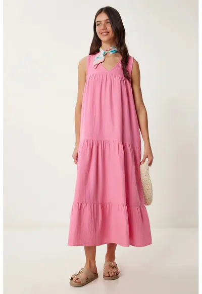 Rochie midi Happiness Istanbul - cu volane - roz - bumbac
