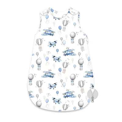 Sac de dormit, MimiNu, Pentru bebelusi, De iarna, Din bumbac certificat Oeko Tex Standard 100, Cu fermoar lateral, Cu capse pe umar, 74 cm, 0 - 6 luni, 2.5 Tog, Blue Plane