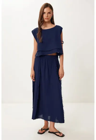 Set asortat Happiness Istanbul - bluza fara maneci si fusta cu croiala larga - 100% bumbac 55375 - Bleumarin