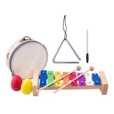 Set Instrumente Muzicale din Lemn Eco Woody 91893 Triunghi, xilofon, tamburina, 2 maracas