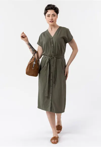 Rochie-camasa lunga din amestec de in si viscoza - cu nasturi - cu guler - maneci scurte - curea in talie - G-Sunray - kaki - Kaki
