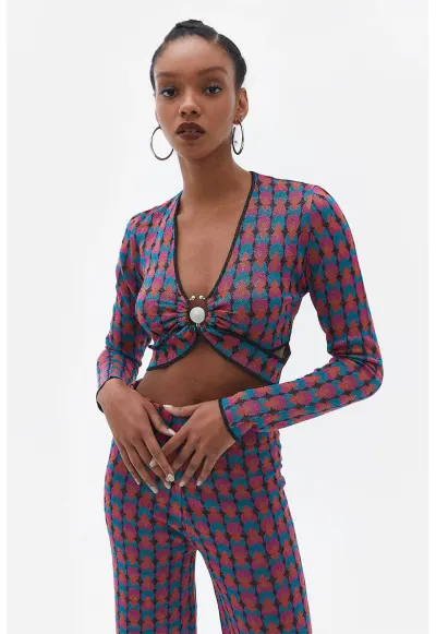 Pulover crop cu model geometric - Portocaliu/Roz/Albastru
