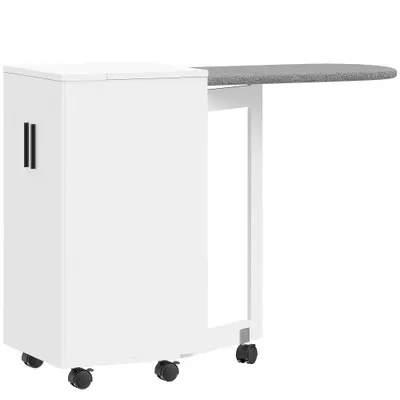 HOMCOM Mobilier pentru Masa de Călcat Pliabil cu Roți, Raft Reglabil și Închidere Soft Close, din Lemn și Material Textil, 128x43x83 cm, Alb | Aosom Romania