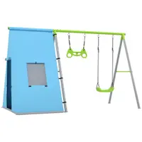 Set balansoar AIYAPLAY 3 in 1, Cort de Joacă, Balansoar, Inele de Gimnastică, Metal, Plastic, Verde | Aosom Romania
