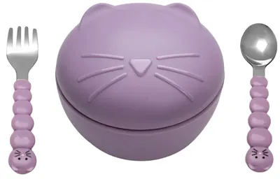 Set de hrănire pentru copii din 3 piese Melii - Pisicuță, violetă