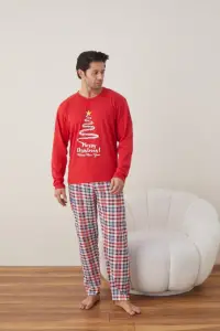 Pijama barbati de Craciun din bumbac, doua piese cu bradul lui Mos Craciun pe rosu