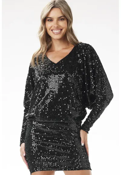 Rochie mini tip chimono cu paiete si maneci lungi - - Negru