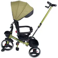 Tricicleta pentru copii KidsCare Impera Kaki pliabila, scaun rotativ, copertina de soare, maner pentru parinti, roti din cauciuc, dispozitiv de franare, suport pentru pahar si cos depozitare jucarii