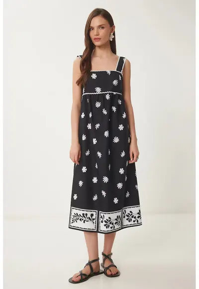 Rochie Midi - Happiness Istanbul - Guler Patrat - volane - Negru - 100% bumbac