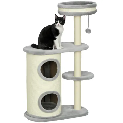 PawHut Copac de Zgariat pentru Pisici, Stalpi din Sfoara de Sisal, Plus Moale, Design Multifunctional, Jucarie cu Minge, Gri, 59x35x100 cm | Aosom Romania