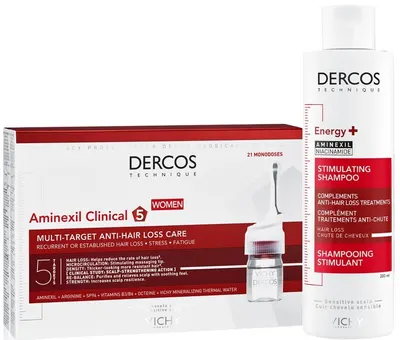 Vichy Dercos Set - Șampon stimulant și fiole anti-cădere a părului pentru femei, 200 + 21 x 6 ml