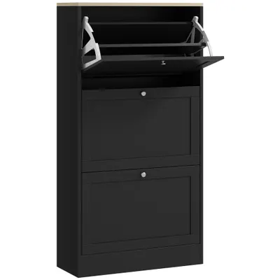 HOMCOM Dulap Îngust pentru Pantofi cu 3 Sertare și Rafturi Reglabile pe 2 Niveluri, 60x23,5x115 cm, Negru | Aosom Romania